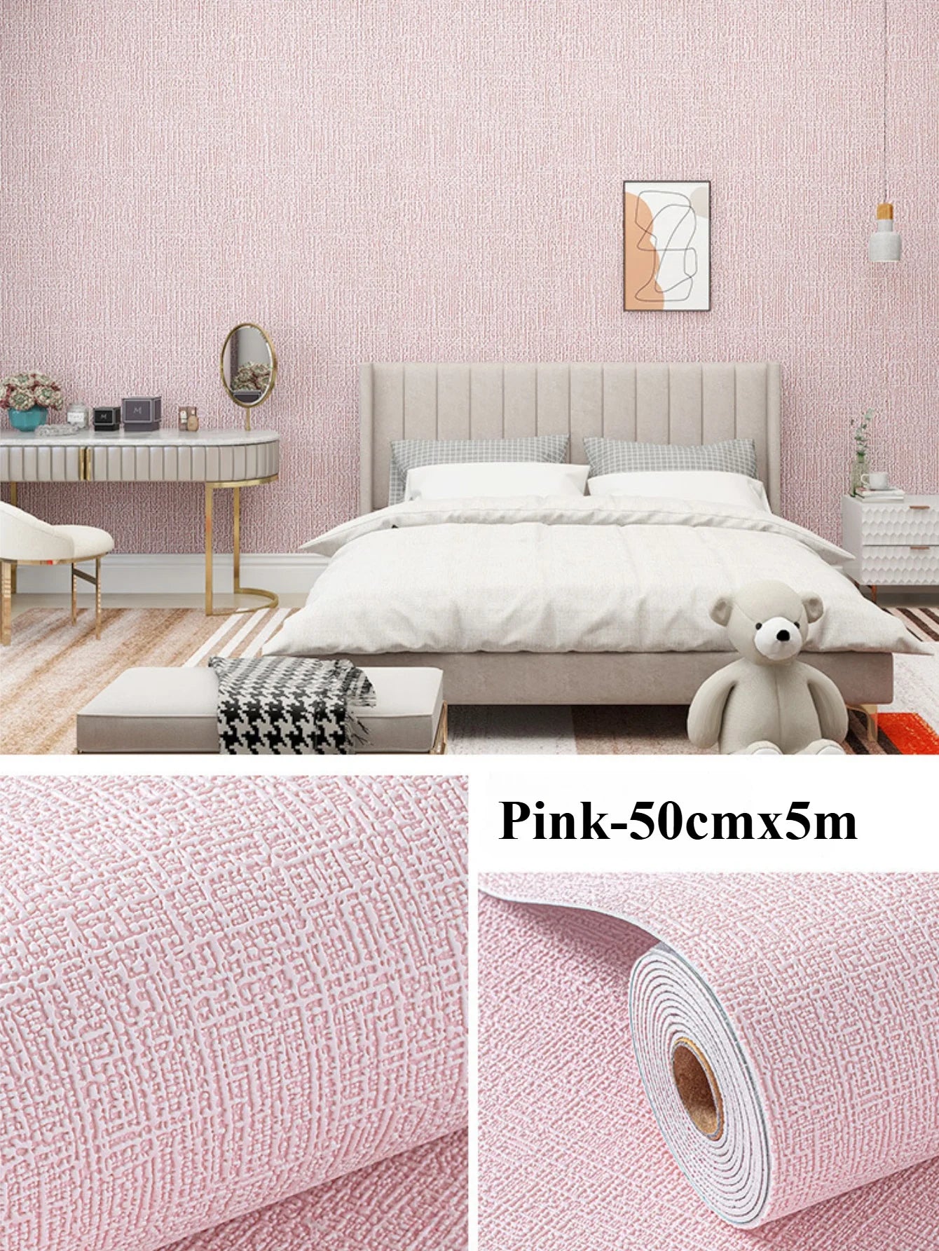50cmx5m Linen Wallpaper Self-adhesive Waterproof Removable Wallpaper for Bedroom Livingroom Wall Decor